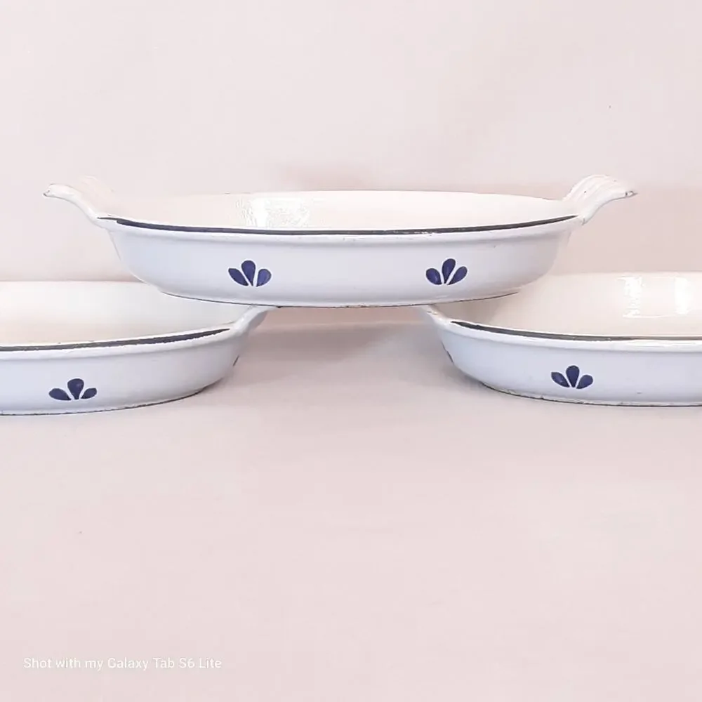 💎Vintage Holland Casserole Dishes Set Of Three Blue Enamel Cast Iron